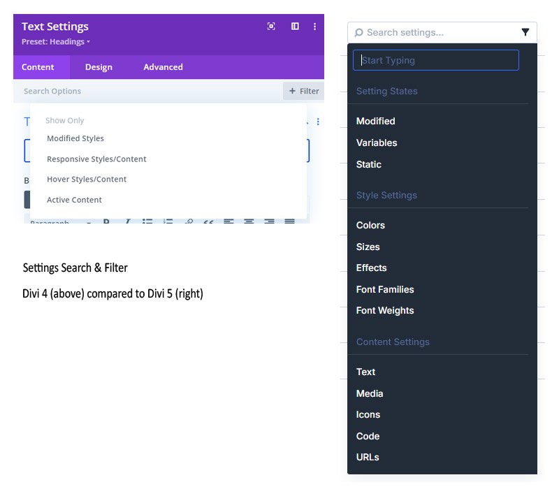 Divi 5 Settings Search and Filter Compared to Divi 4
